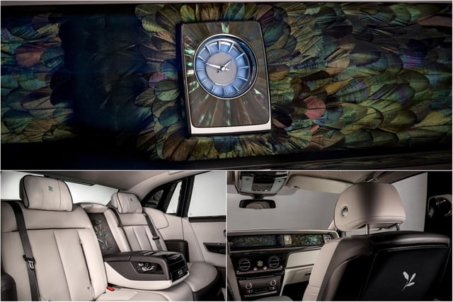 CANVAS: PHANTOM │MEDIUM: GALLERY
The Phantom’s hermetically sealed Gallery [dashboard fascia] makes it possible to incorporate natural materials in a way never before possible in a motor car. In 2020, the Phantom ‘Iridescent Opulence’ took this approach to soaring new heights. Featuring a truly Bespoke artwork which debuted as a concept in 2017, ‘Iridescent Opulence’ was created in partnership with Swiss materials specialist Nature Squared. The result is inspired by nature; a Gallery that houses over 3,000 sustainably sourced iridescent tail feathers, each shaped individually to accentuate their sheen and rich hue. These were hand-sewn onto an open pore fabric in a design that emanates outwards from the shimmering, iridescent
Mother of Pearl casing around the clock at the heart of the Gallery. The interior is completed with a Bespoke embroidery to the rear waterfall and silver inlays on the picnic tables.