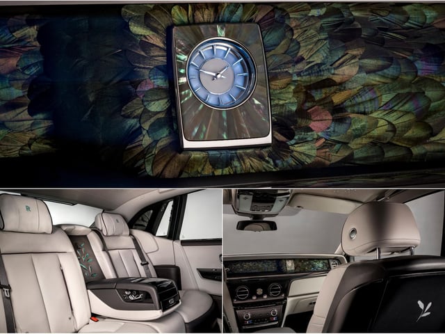 CANVAS: PHANTOM │MEDIUM: GALLERY
The Phantom’s hermetically sealed Gallery [dashboard fascia] makes it possible to incorporate natural materials in a way never before possible in a motor car. In 2020, the Phantom ‘Iridescent Opulence’ took this approach to soaring new heights. Featuring a truly Bespoke artwork which debuted as a concept in 2017, ‘Iridescent Opulence’ was created in partnership with Swiss materials specialist Nature Squared. The result is inspired by nature; a Gallery that houses over 3,000 sustainably sourced iridescent tail feathers, each shaped individually to accentuate their sheen and rich hue. These were hand-sewn onto an open pore fabric in a design that emanates outwards from the shimmering, iridescent
Mother of Pearl casing around the clock at the heart of the Gallery. The interior is completed with a Bespoke embroidery to the rear waterfall and silver inlays on the picnic tables.