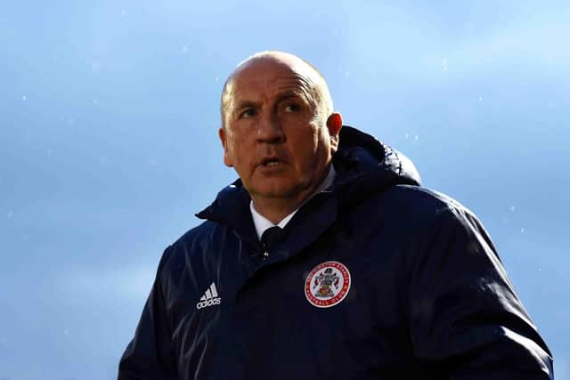 ACCRINGTON, ENGLAND - APRIL 03: John Coleman manager of Accrington Stanley looks on during the Sky Bet League One match between Accrington Stanley and Sunderland at The Crown Ground on April 03, 2019 in Accrington, United Kingdom.