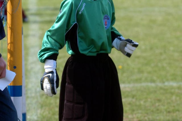 This Durham Athletic keeper is ready and alert if the action comes his way against Houghton Albion.