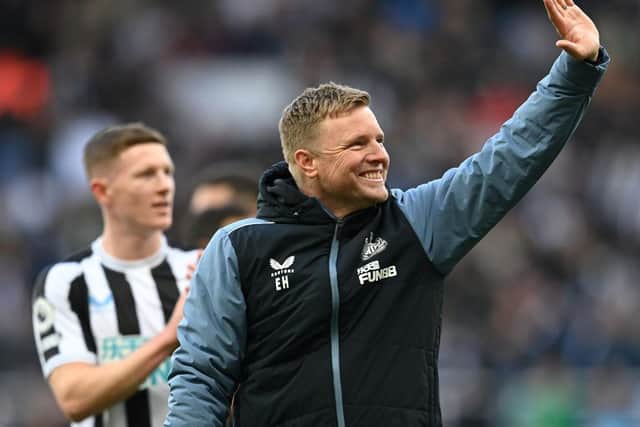 Eddie Howe, Manager of Newcastle United, celebrates following the Premier League match between Newcastle United and Manchester United at St. James Park on April 02, 2023 in Newcastle upon Tyne, England. (Photo by Michael Regan/Getty Images)