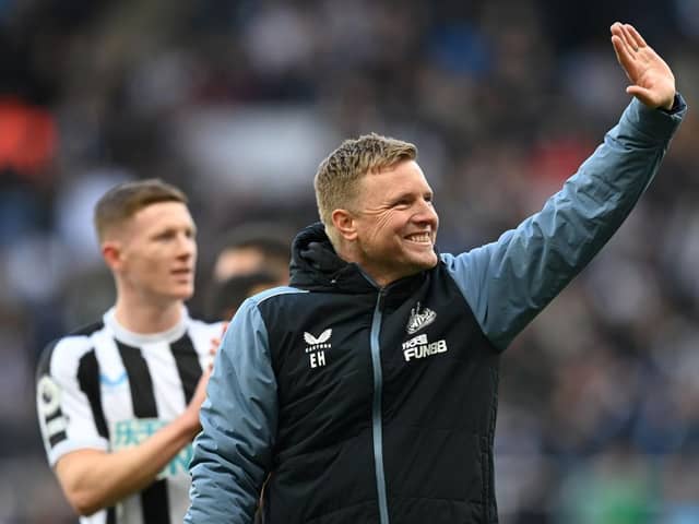 Eddie Howe, Manager of Newcastle United, celebrates following the Premier League match between Newcastle United and Manchester United at St. James Park on April 02, 2023 in Newcastle upon Tyne, England. (Photo by Michael Regan/Getty Images)