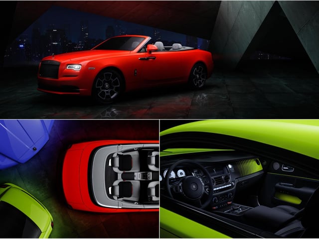 CANVAS: DAWN, WRAITH, CULLINAN │MEDIUM: BESPOKE COLOUR PALETTE
The Rolls-Royce Bespoke Collective developed a new and dynamic colour palette, named ‘Neon Nights’, in a limited run of just four of each colour. The three brightly coloured hues, each inspired by the natural world, consisted of Lime Rock Green, a near-luminous hue naturally found on the Australian green tree frog, Eagle Rock Red, which mimics the flowers of ‘Ōhi‘a lehua, an evergreen tree native to Hawaii, and Mirabeau Blue which takes inspiration from Central and South America’s exotic butterfly, the Rhetus periander.