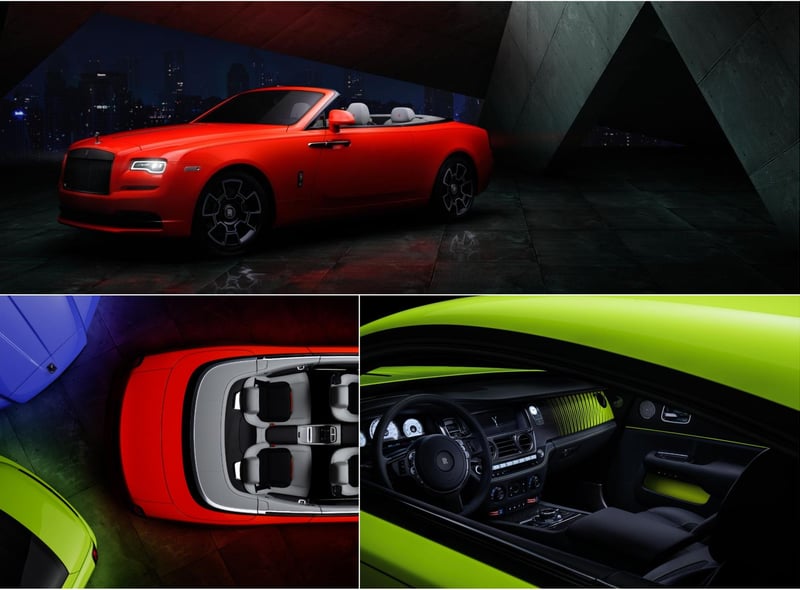 CANVAS: DAWN, WRAITH, CULLINAN │MEDIUM: BESPOKE COLOUR PALETTE
The Rolls-Royce Bespoke Collective developed a new and dynamic colour palette, named ‘Neon Nights’, in a limited run of just four of each colour. The three brightly coloured hues, each inspired by the natural world, consisted of Lime Rock Green, a near-luminous hue naturally found on the Australian green tree frog, Eagle Rock Red, which mimics the flowers of ‘Ōhi‘a lehua, an evergreen tree native to Hawaii, and Mirabeau Blue which takes inspiration from Central and South America’s exotic butterfly, the Rhetus periander.