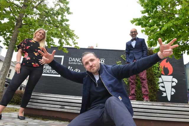 Dance City Sunderland launch at The Engine Room. Street dancer Robby Graham with CAT Recruitment Manager Emma Elliott and Artistic Director and CEO of Dance City Anand Bhatt.