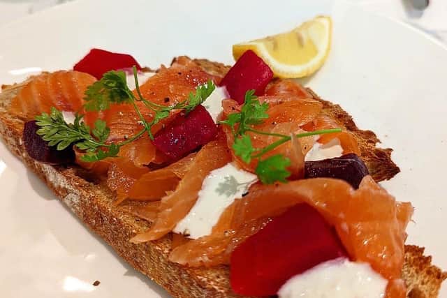 Smoked Salmon, Pickled Beetroot and Horseradish, on Rye Bread from the Cafe 140 menu