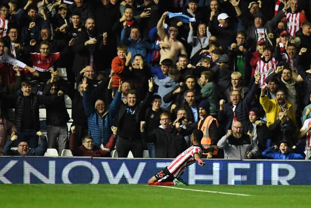 BIRMINGHAM, ENGLAND - NOVEMBER 11: Amad Diallo of Sunderland celebrates scoring their side's second goal during the Sky Bet Championship between Birmingham City and Sunderland at St Andrews (stadium) on November 11, 2022 in Birmingham, England. (Photo by Tony Marshall/Getty Images)