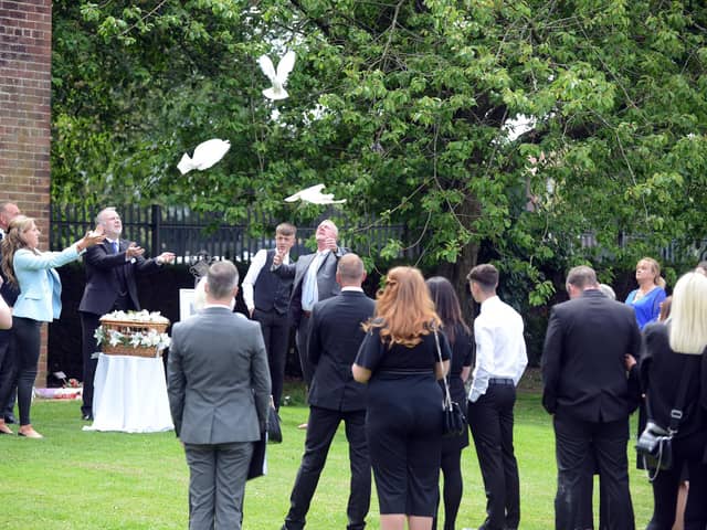 Three white doves are released following the funeral of Red House mum Sam Murphy at Sunderland Crematorium.