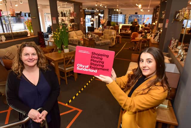 Mandy Brown, of Harrison & Brown furniture, in Holmeside, which has signed up to the Sunderland Gift Card,  with Natalie Dellow of Sunderland BID as they help launch the scheme.