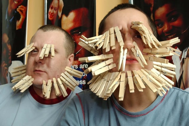 Geoff Watson and Ian Fleming spent the day with pegs on their face at the Royal Mail in 2003.