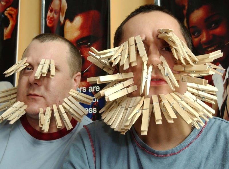 Geoff Watson and Ian Fleming spent the day with pegs on their face at the Royal Mail in 2003.