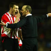 BIRMINGHAM, ENGLAND - FEBRUARY 25: Kevin Kyle of Sunderland makes his feelings known to referee Mike Dean during the FA Cup Fifth Round Replay match between Birmingham City and Sunderland at St. Andrew's on February 25, 2004 in Birmingham, England.  (Photo by Mark Thompson/Getty Images)