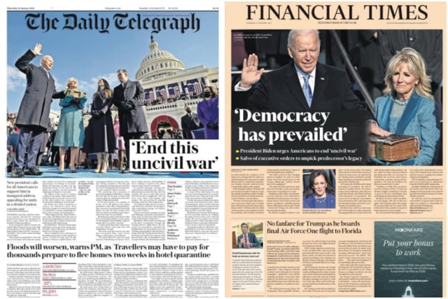 The Daily Telegraph and Financial Times both focused on the moment President Biden took his oath of office, swearing to preserve, protect and defend the US constitution.