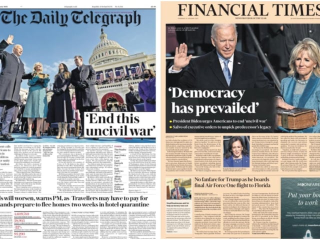 The Daily Telegraph and Financial Times both focused on the moment President Biden took his oath of office, swearing to preserve, protect and defend the US constitution.