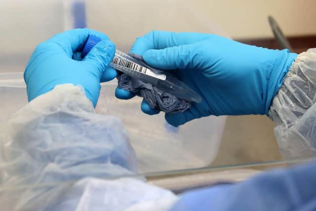 A laboratory technician wearing full PPE cleans a test tube containing a live sample taken from people tested for the novel coronavirus. Photo by Andrew Milligan / POOL / AFP