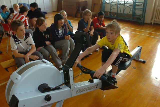 Pupils at Barnes Junior School taking part in a rowing machine event as part of  the school's summer triathlon in 2011.