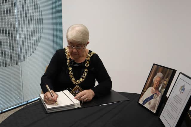 Cllr Alison Smith, The Mayor Of Sunderland, signing The Book Of Condolence To Her Majesty The Queen At City Hall In Sunderland.