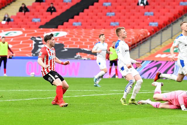 Lynden Gooch scores against Tranmere Rovers at Wembley