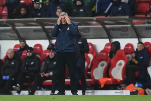 Sunderland manager Tony Mowbray reacts on the sidelines during the Sky Bet Championship between Sunderland and West Bromwich Albion at Stadium of Light on December 12, 2022 in Sunderland, England. (Photo by Stu Forster/Getty Images)