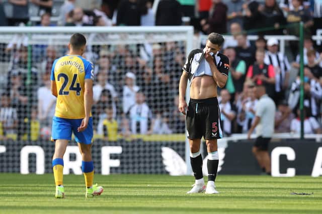 NEWCASTLE UPON TYNE, ENGLAND - AUGUST 28: Fabian Schaer of Newcastle United reacts during the Premier League match between Newcastle United  and  Southampton at St. James Park on August 28, 2021 in Newcastle upon Tyne, England. (Photo by George Wood/Getty Images)