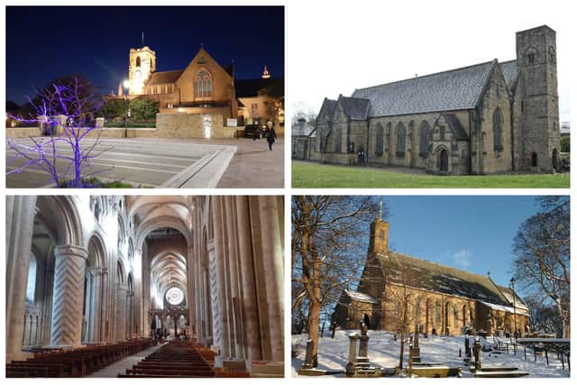 Clockwise from top left: Sunderland Minster, St Peter's in Monkwearmouth, Holy Trinity Church in Washington Village and Durham Cathedral.
