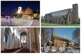 Clockwise from top left: Sunderland Minster, St Peter's in Monkwearmouth, Holy Trinity Church in Washington Village and Durham Cathedral.