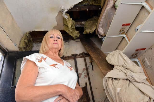 Southwick Cemetery house resident Linda Cross has concerns over the rotting roof in her outhouse.