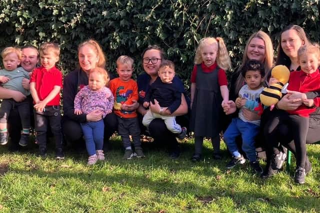 Staff and children at Busy Bees Day Nursery in Fulwell have been celebrating their good Ofstead judgement. (Left to right) Room managers Nicole Butler and Emily Wright, Early Years educator Jasmine Ho, room manager Jade Hudson,  and centre director Kayleigh Pearce.