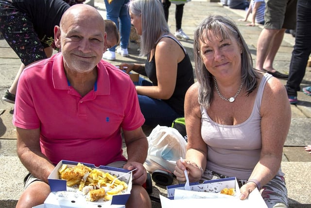 Pete Smith and Gail Lewis enjoy their fish and chips.