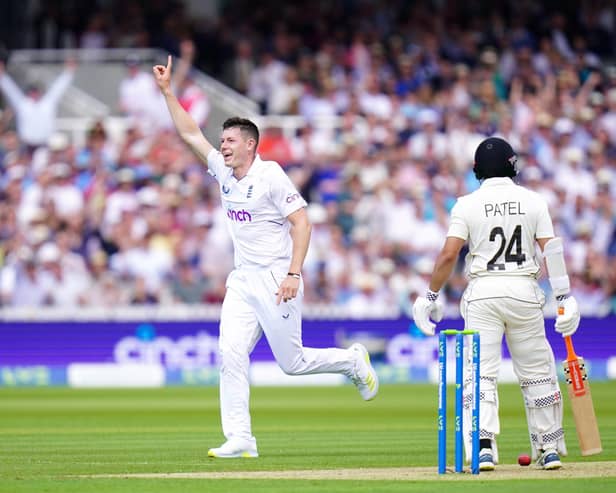 England's Matthew Potts celebrates the wicket of New Zealand's Ajaz Patel following a positive review for LBW during day one of the First LV= Insurance Test Series at Lord's Cricket Ground, London. PA picture.