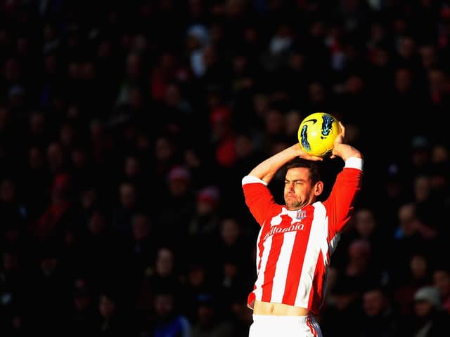 STOKE ON TRENT, ENGLAND - JANUARY 21: Rory Delap of Stoke City lines up a long throw during the Barclays Premier League match between Stoke City and West Bromwich Albion at Britannia Stadium on January 21, 2012 in Stoke on Trent, England.  (Photo by Laurence Griffiths/Getty Images)