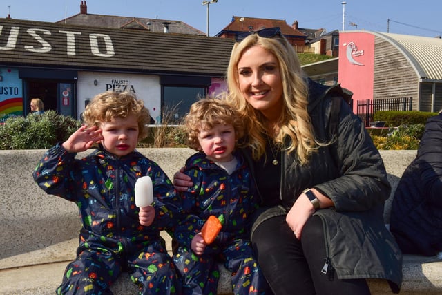 Carley Robertshaw with Albie and Bertie (3) of Chester-le-Street, at Roker on Monday.