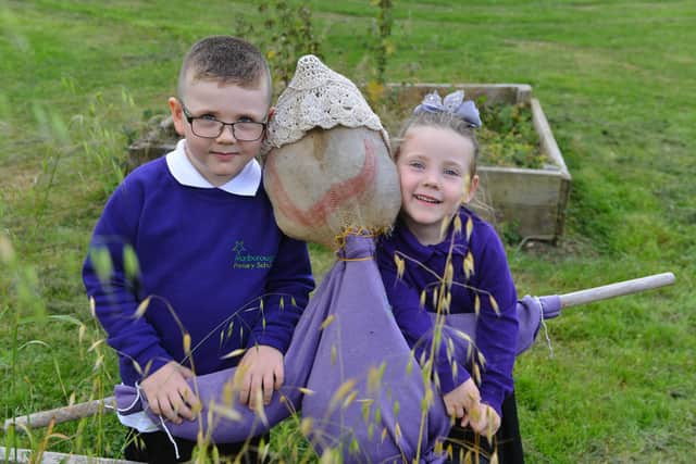 Leo Liddle and Anya Davison, both four, looking after the scarecrow at Marlborough Primary School.