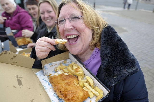 Margaret Swan tucking into her fish and chips. 

Picture by FRANK REID