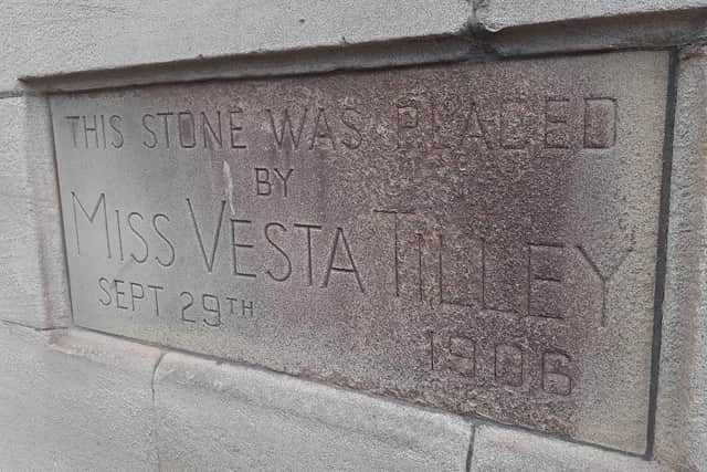 The foundation stone, laid by Vesta Tilley in 1906, is on the east side of the theatre, s few yards from the Dun Cow pub.