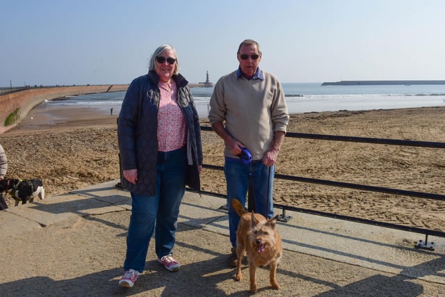 Dennis and Ann Godfrey of New Harrington and their dog Jake at Roker, Sunderland on Monday.