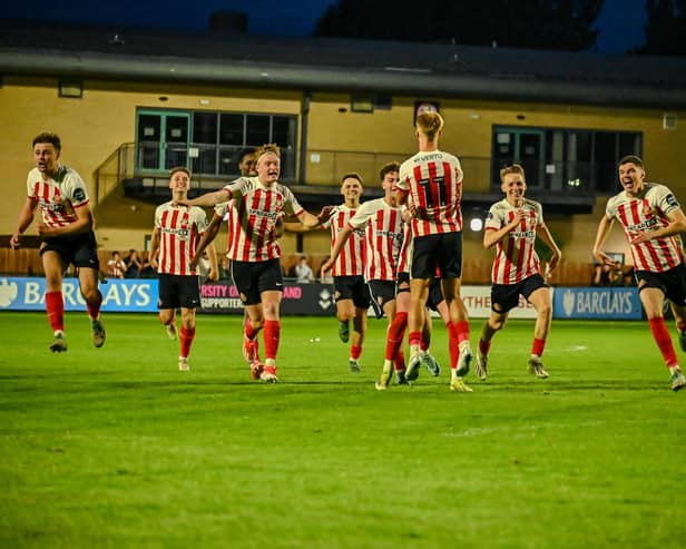 Sunderland under-21s players celebrate after beating West Ham on penalties in the quarter-finals of Premier League 2.