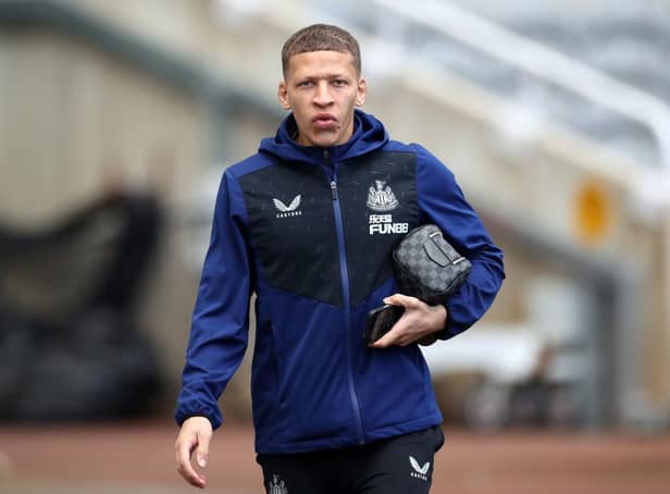 Dwight Gayle of Newcastle United arrives at the stadium prior to the Premier League match between Newcastle United and Brighton & Hove Albion at St. James Park on March 05, 2022 in Newcastle upon Tyne, England. (Photo by Ian MacNicol/Getty Images)