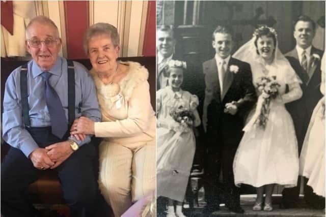 A recent picture of Sadie and Stan Pearson; and their wedding photograph from May 1958.