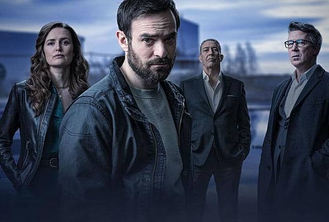 The cast of Irish crime drama Kin, which is on BBC iPlayer now. From left, Amanda Kinsella (Clare Dunne), Michael Kinsella (Charlie Cox), Eamon Cunningham (Ciaran Hinds), Frank Kinsella (Aidan Gillen)  (Picture: BBC/Headline Pictures (Kin) Limited)