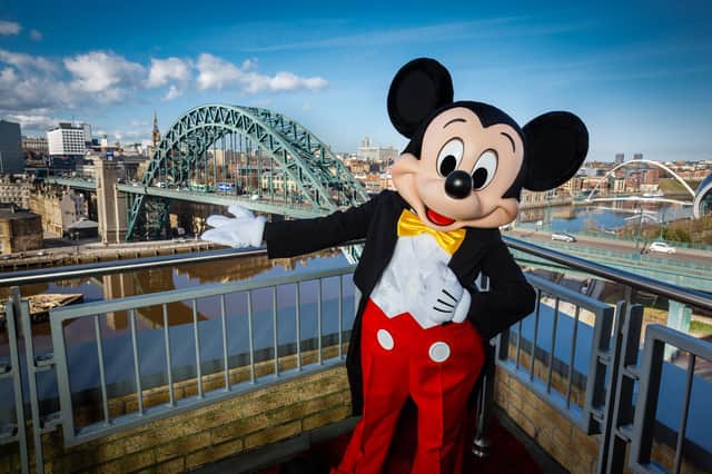 Disney's Mickey Mouse with Newcastle upon Tyne's iconic landmark, the Tyne Bridge. Photo by Tony Hall