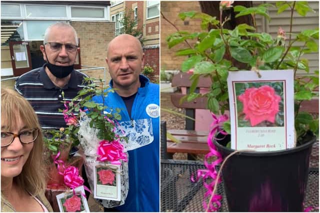 Friends of Fulwell founder Peter Curtis, and trustee Adrienne Dickson presented the roses in tribute to Margaret Beck to her husband Richard Beck who runs the community library in Fulwell.