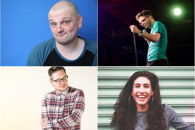 Clockwise from top left: performing at the Dun Cow's first comedy night will be Lee Kyle, Neil Harris and Louise Young. Bottom left is Si Beckworth director of Felt Nowt.