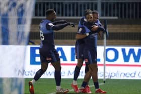 Garath McCleary of Wycombe Wanderers celebrates after scoring their side's second goal during the League One match between Wycombe and Burton at Adams Park.