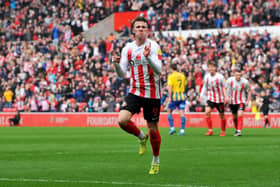 Sunderland striker Nathan Broadhead celebrates his first goal against Shrewsbury.