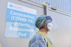 An Emergency Department Nurse during a demonstration of the Coronavirus pod and COVID-19 virus testing procedures set-up beside the Emergency Department of Antrim Area Hospital, Co Antrim in Northern Ireland. Picture by Michael Cooper/PA Wire