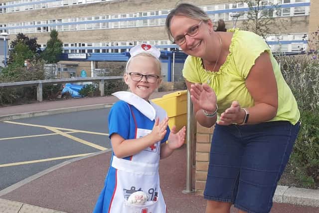 Leanne McCormick and her daughter Nurse Lucy McCormick, six, came to the hospital from Nookside to show their appreciation for Lucy's "colleagues".