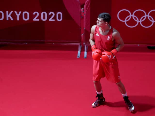 TOKYO, JAPAN - JULY 27: Pat McCormack of Great Britain looks ahead of the Men's Welter (63-69kg) on day four of the Tokyo 2020 Olympic Games at Kokugikan Arena on July 27, 2021 in Tokyo, Japan. (Photo by James Chance/Getty Images)