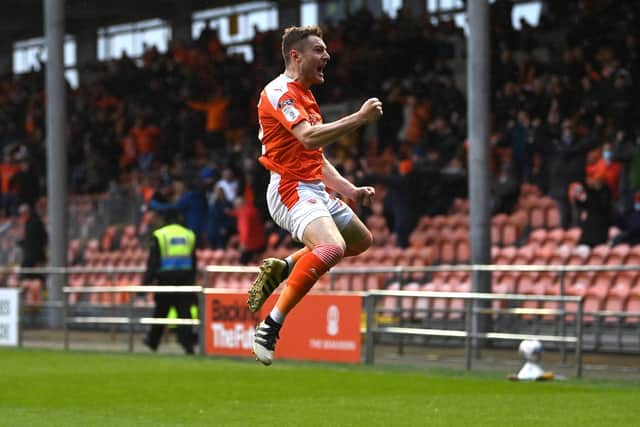 Blackpool player Elliot Embleton celebrates after scoring the first Blackpool goal during the Sky Bet League One Play-off semi-final second Leg match between Blackpool and Oxford United at Bloomfield Road.