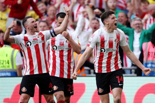 Sunderland will be playing Championship football next season after being victorious over Wycombe Wanderers at Wembley (Photo by Eddie Keogh/Getty Images)